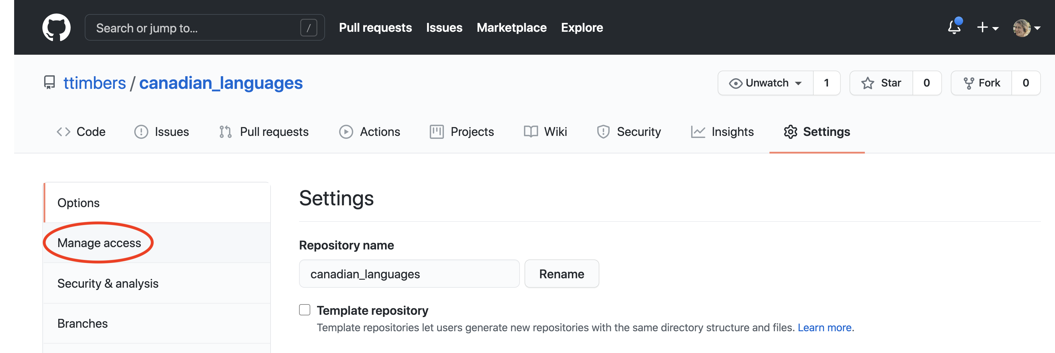 The “Manage access” tab on the GitHub web interface.