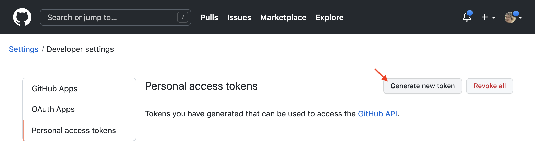 The “Generate new token” button used to initiate the creation of a new personal access token. It is found in the “Personal access tokens” section of the “Developer settings” page in your account settings.