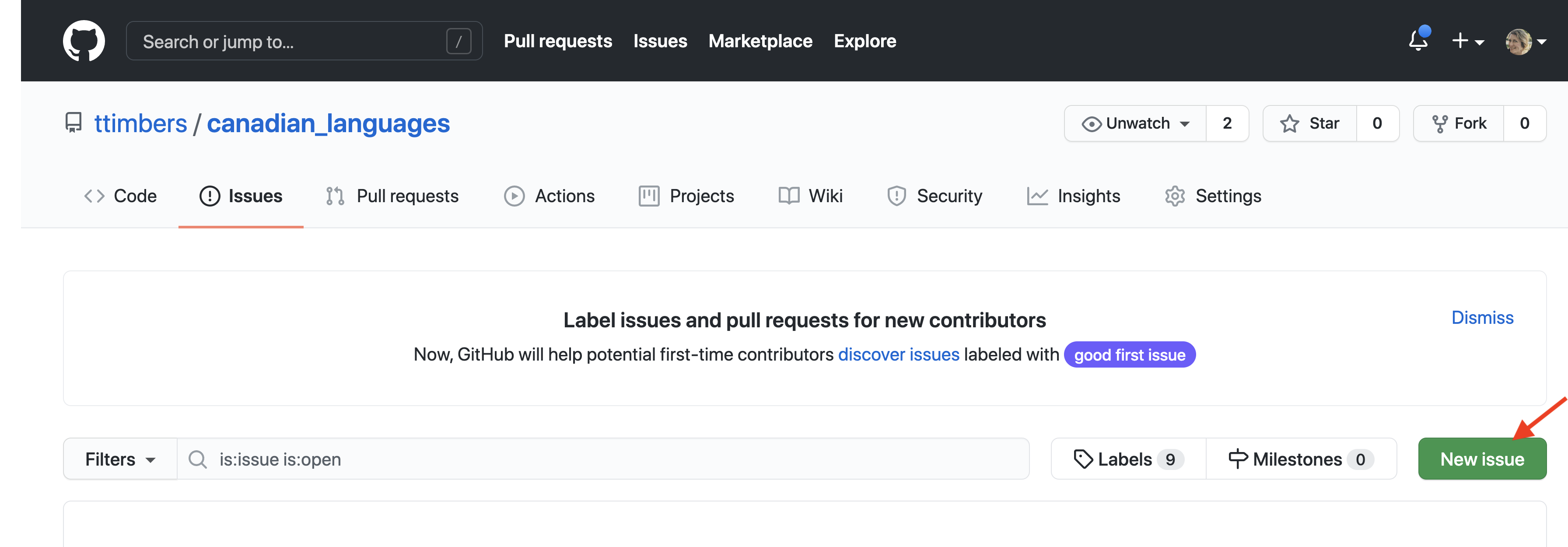 The “New issue” button on the GitHub web interface.