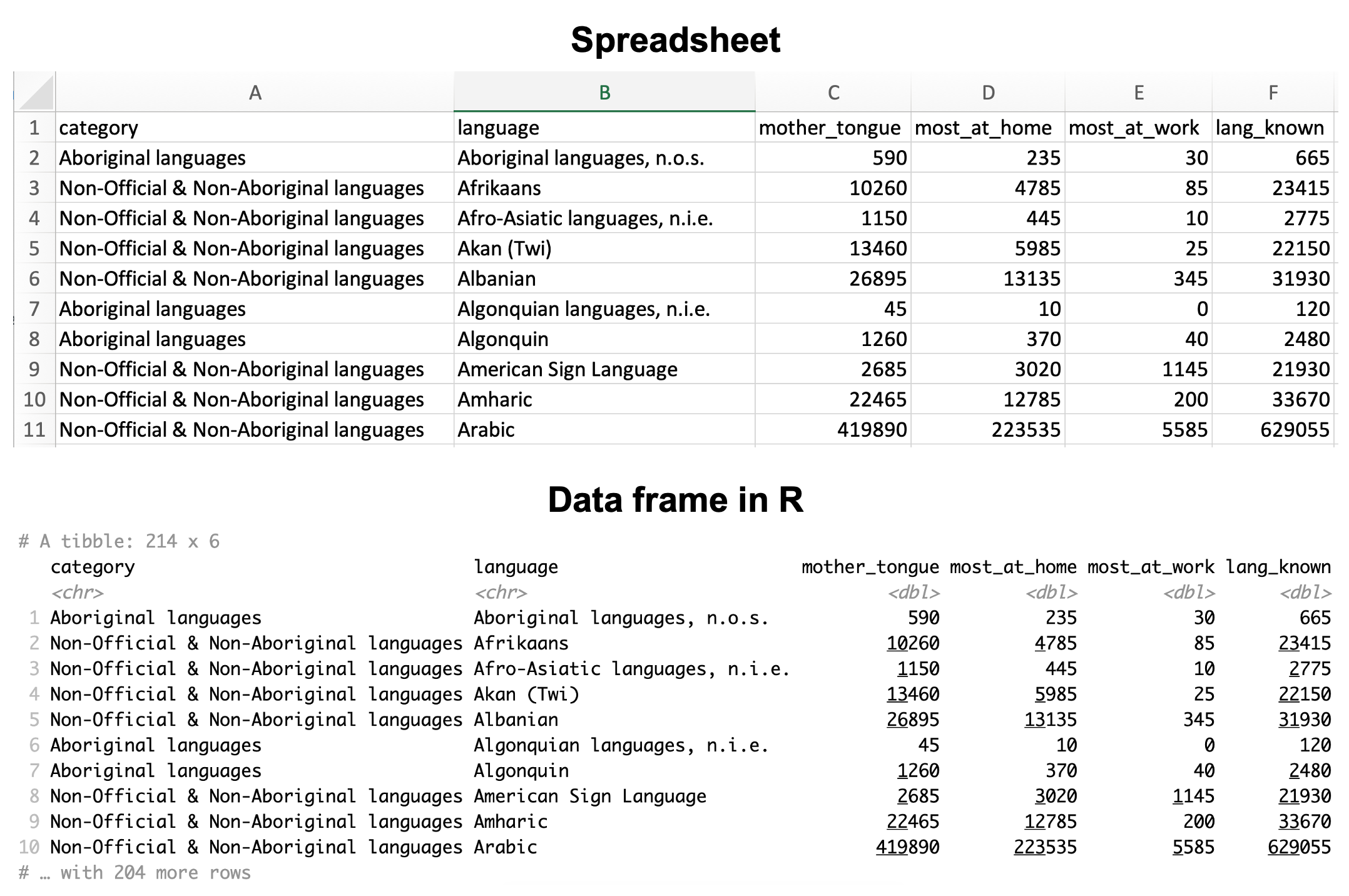 A spreadsheet versus a data frame in R.