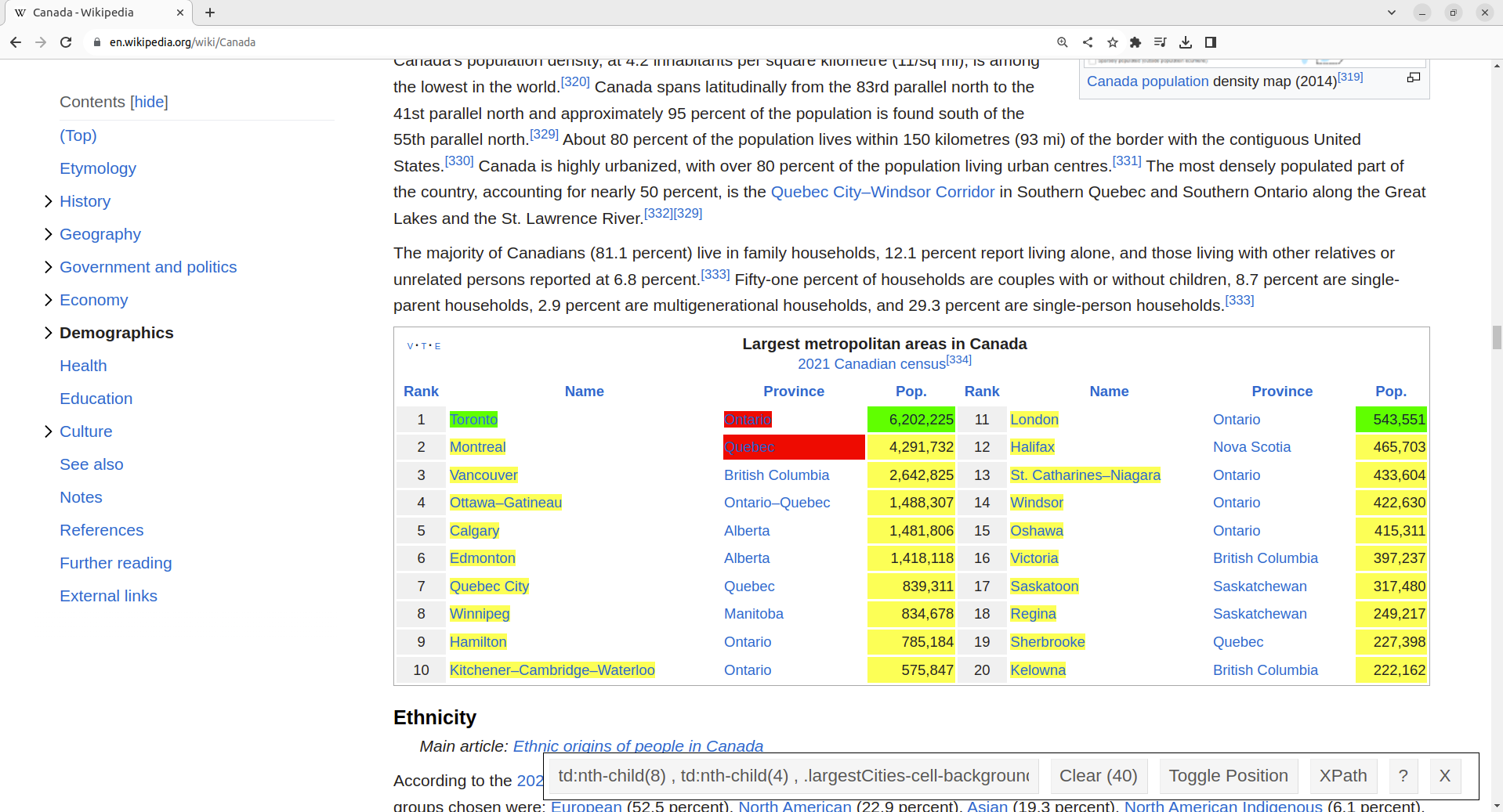 Using the SelectorGadget on a Wikipedia webpage.