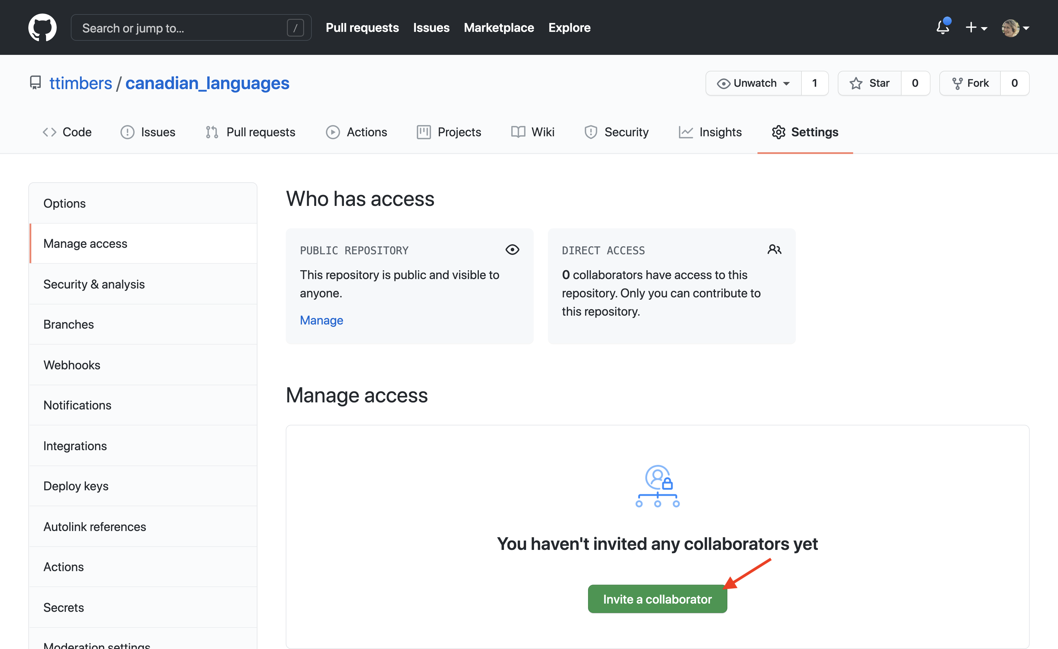 The “Invite a collaborator” button on the GitHub web interface.