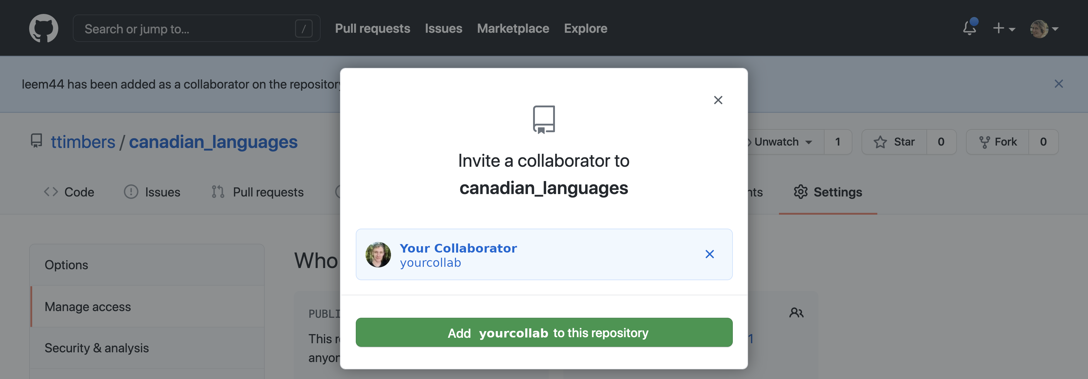 The confirmation button for adding a collaborator to a repository on the GitHub web interface.