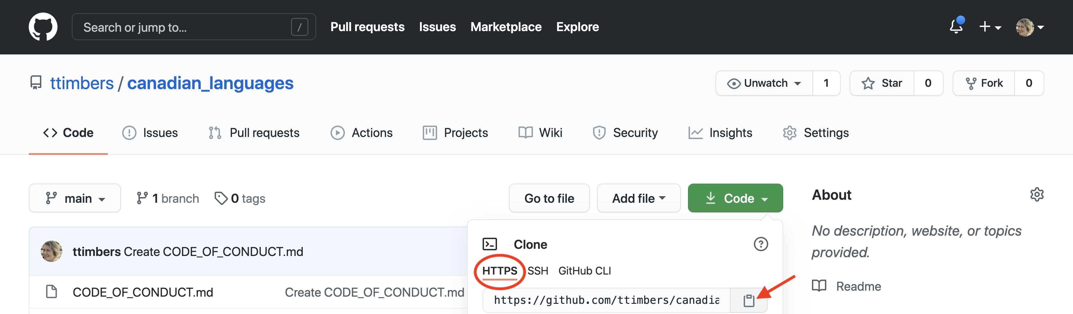 The green “Code” drop-down menu contains the remote address (URL) corresponding to the location of the remote GitHub repository.