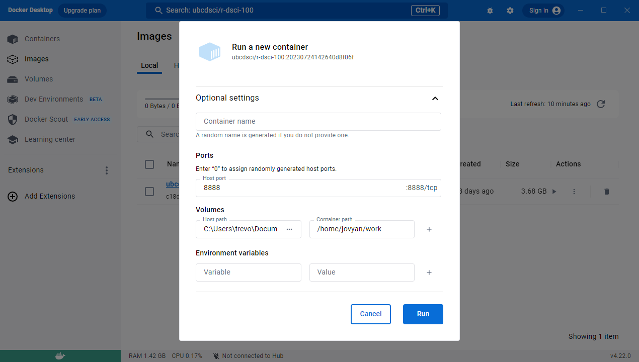 The Docker Desktop container run configuration menu.