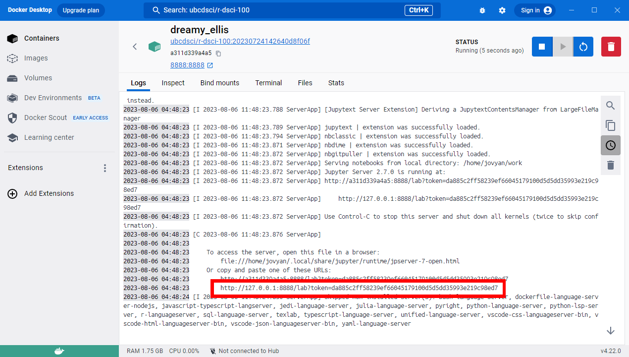 The terminal text after running the Docker container. The red box indicates the URL that you should paste into your browser to open JupyterLab.