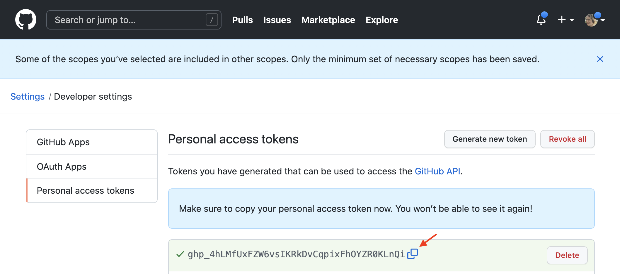 Display of the newly generated personal access token.