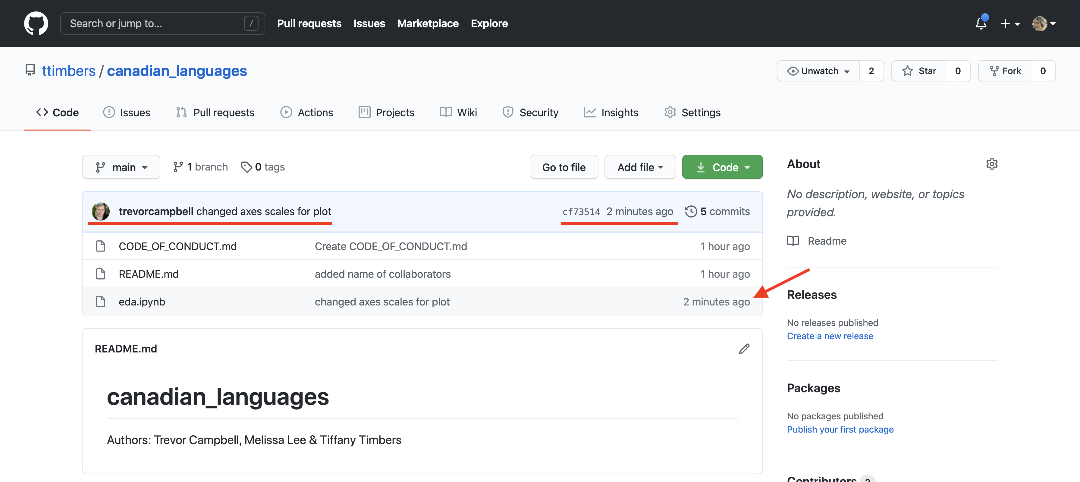 The GitHub interface indicates the name of the last person to push a commit to the remote repository, a preview of the associated commit message, the unique commit identifier, and how long ago the commit was snapshotted.