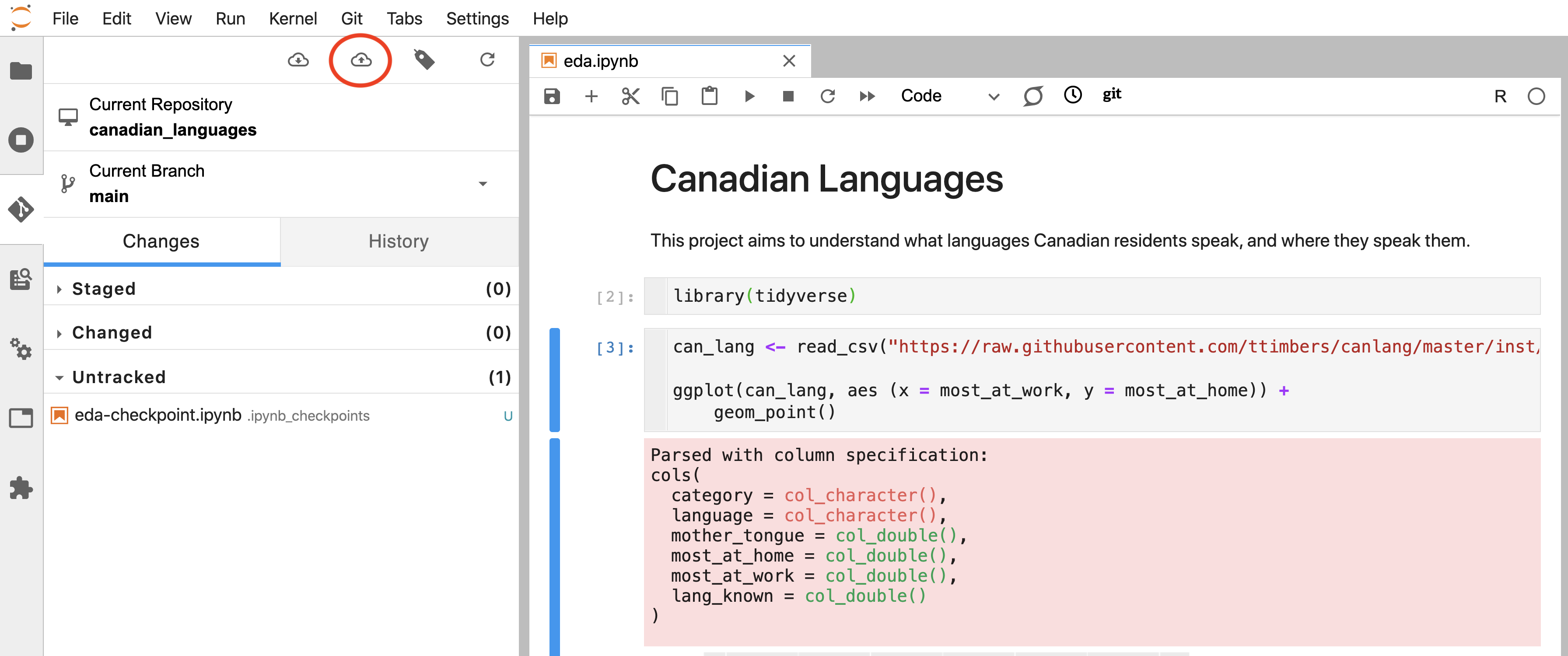 The Jupyter Git extension “push” button (circled in red).