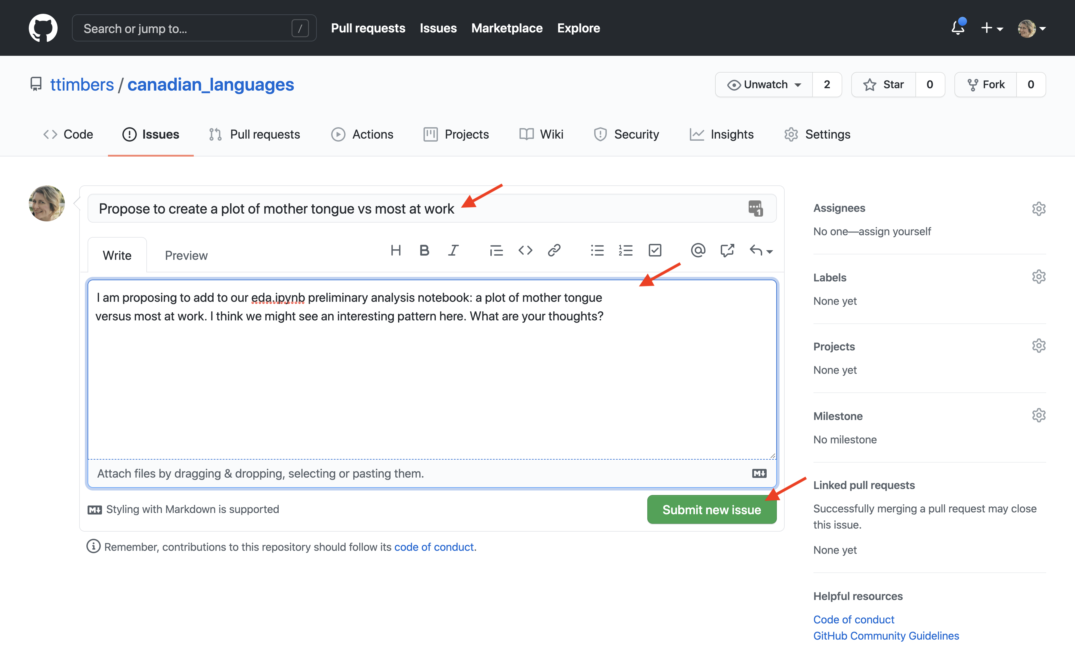 Dialog boxes and submission button for creating new GitHub issues.