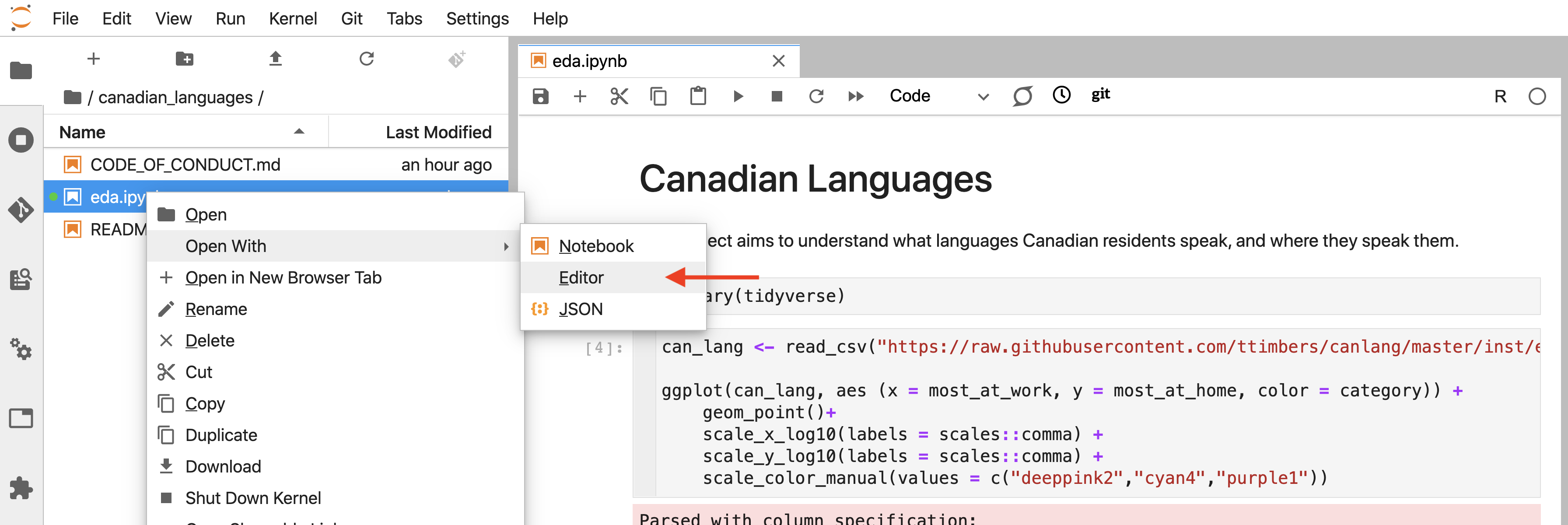 How to open a Jupyter notebook as a plain text file view in Jupyter.