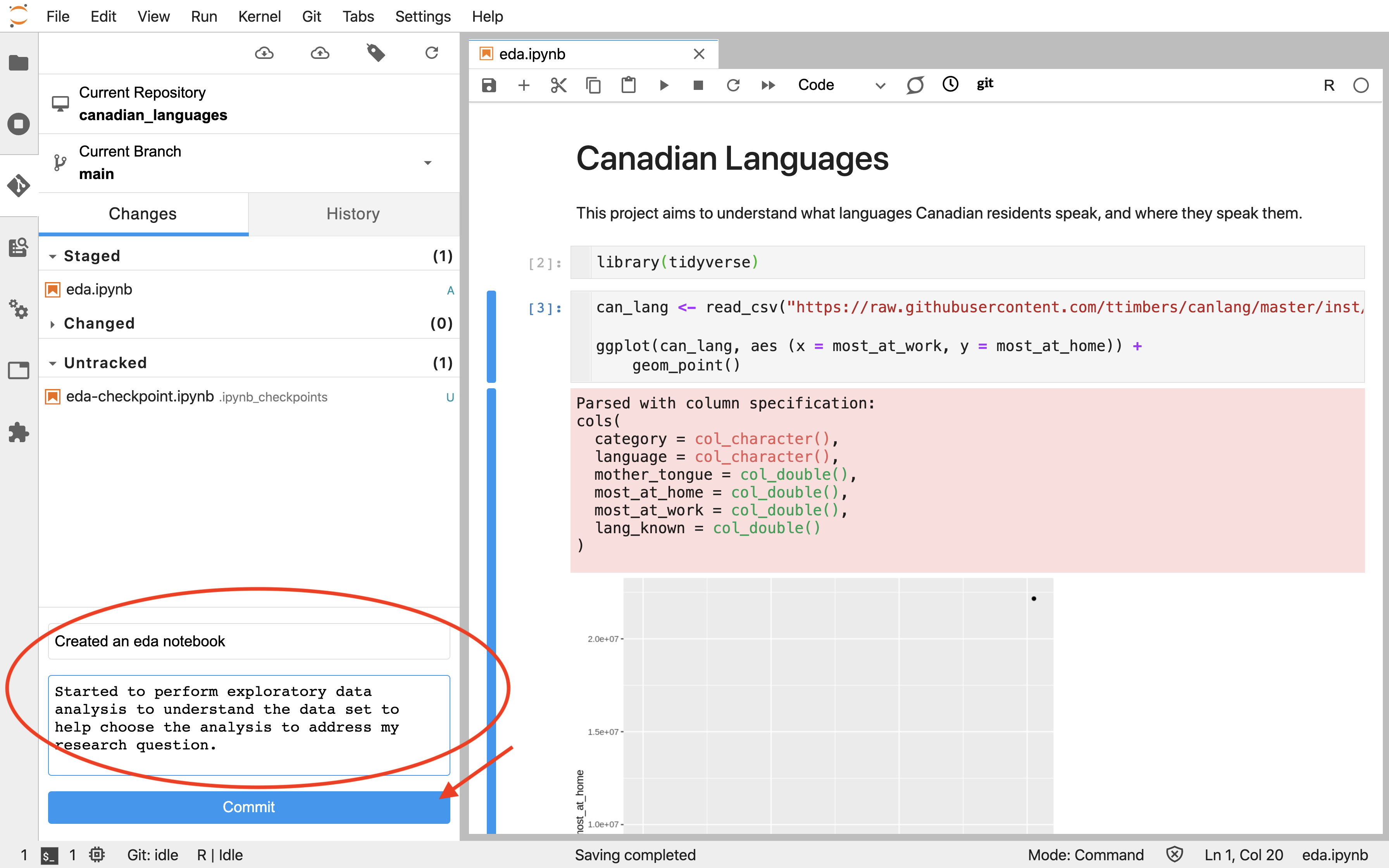 A commit message must be added into the Jupyter Git extension commit text box before the blue Commit button can be used to record the commit.