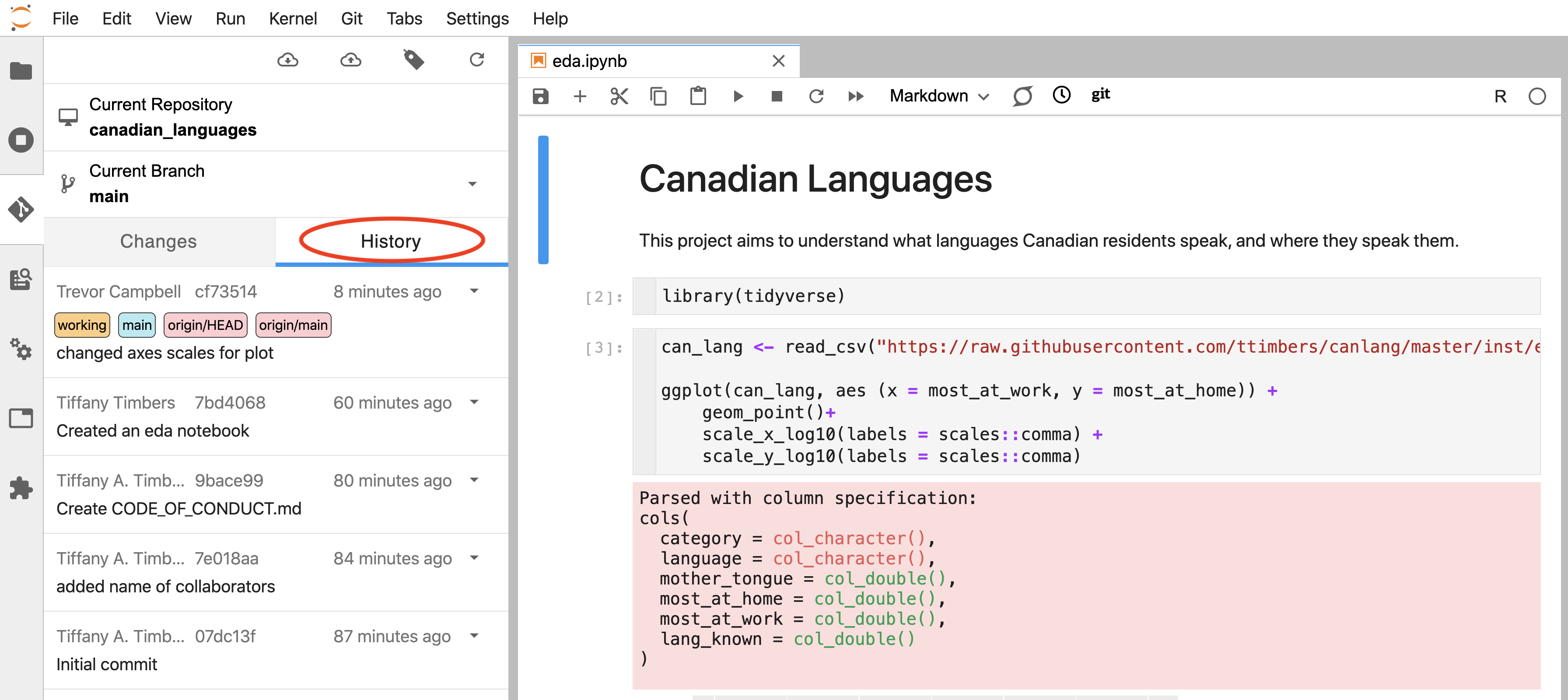 Version control repository history viewed using the Jupyter Git extension.