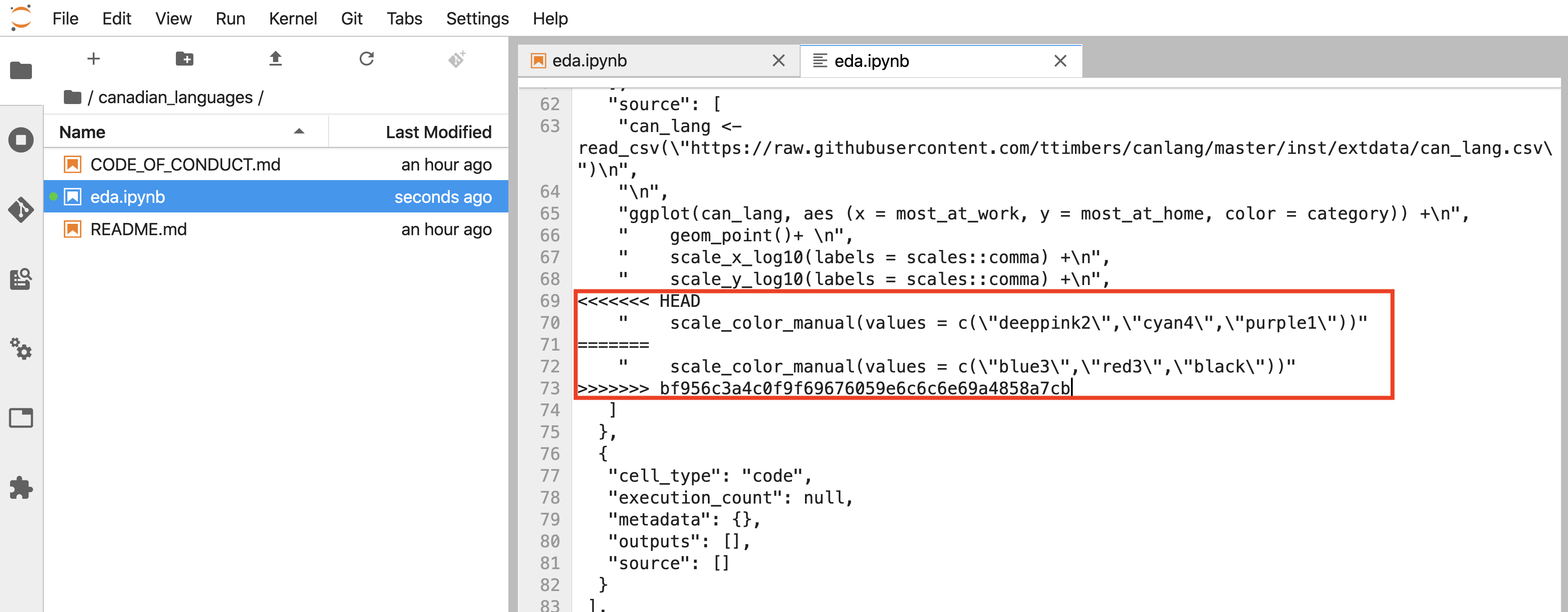 Merge conflict identifiers (highlighted in red).