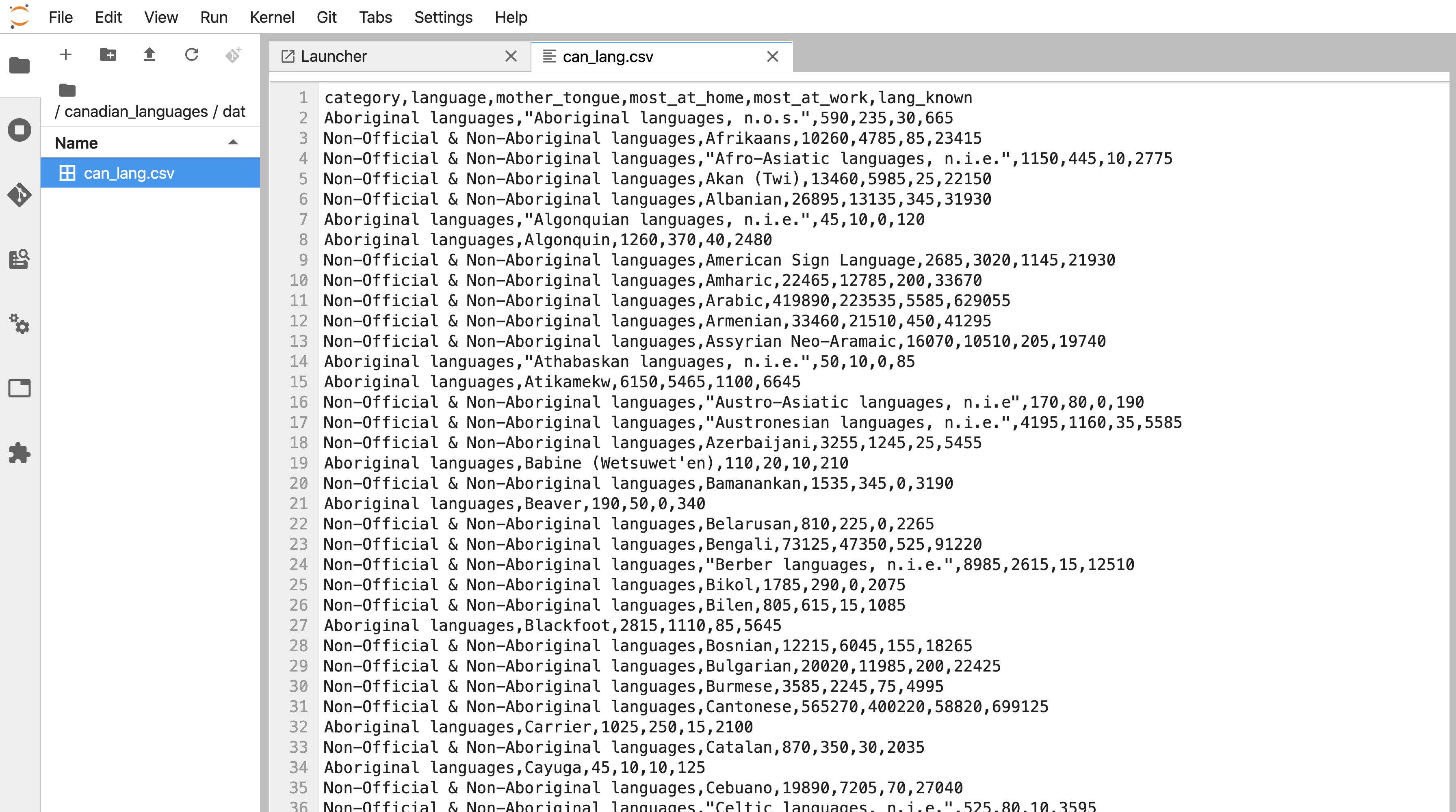 A data file as viewed in an editor in Jupyter.