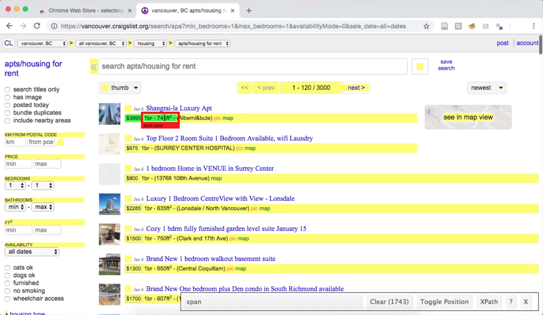 Using the SelectorGadget on a Craigslist webpage to obtain a CCS selector useful for obtaining apartment sizes.